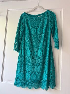 Eliza J Teal Floral Lace Shift Dress with Three-Quarter Sleeves